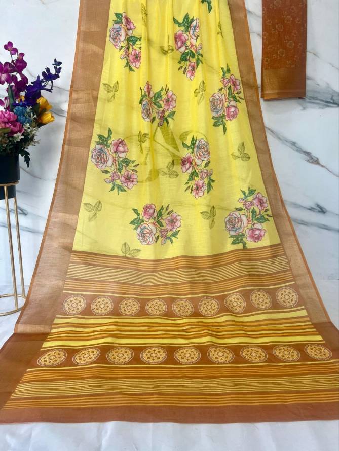 MG 378 Gold Jari Border With Weaving Linen Printed Sarees Wholesale Online
